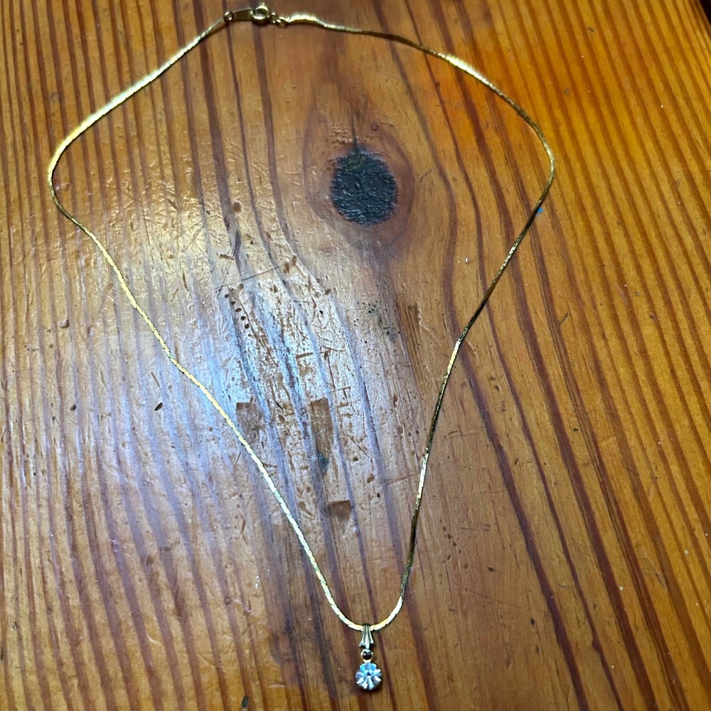 Gold Tone Herringbone Chain Necklace Clear Solitaire Pendant 18 Inch Vintage
